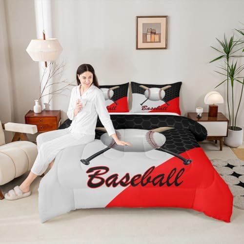 Castle Fairy Teens 3D Baseball Comforter Set Full Size,Ball Sports Game Lovers Bedding Set for Kids Boys Adult Bedroom Decoration,Geometric Bed Duvet Insert,Black Gray Red Comforter with 2 Pillowcase