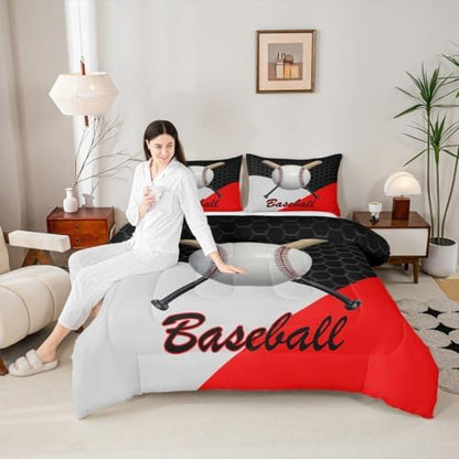 Castle Fairy Teens 3D Baseball Comforter Set Full Size,Ball Sports Game Lovers Bedding Set for Kids Boys Adult Bedroom Decoration,Geometric Bed Duvet Insert,Black Gray Red Comforter with 2 Pillowcase