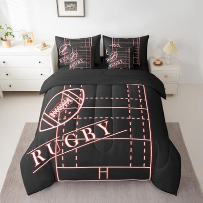 Sports Bedding Comforter Sets 7pcs Football Bed in a Bag for Boys, Neon Glowing Red King Bedding Sets Sport Theme Comforter Set, Soccer Rugby Bedding Sets & Collections Microfiber (Black Reversible)