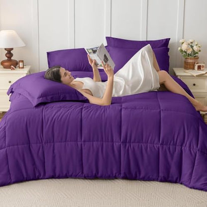 JOLLYVOGUE Twin Comforter Set, Ultra-Soft Bed in a Bag Twin Size 5 Pieces, Oeko-TEX Certified Bedding Set with Down Alternative Comforter, Sheets, Pillowcases & Shams, Purple