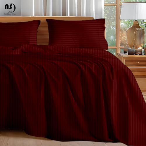 NON Sticky cotton Queen 4 Piece Sheet Set, 100% Long Staple Cotton, Soft Cooling Hotel Luxury Bedding Sheets, Deep Pocket Fits 10" to 18" Mattress, 60" x 80", Burgundy Stripe