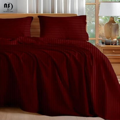 NON Sticky cotton Full 4 Piece Sheet Set, 100% Long Staple Cotton, Soft Cooling Hotel Luxury Bedding Sheets, Deep Pocket Fits 10" to 18" Mattress, 54" x 75", Burgundy Stripe
