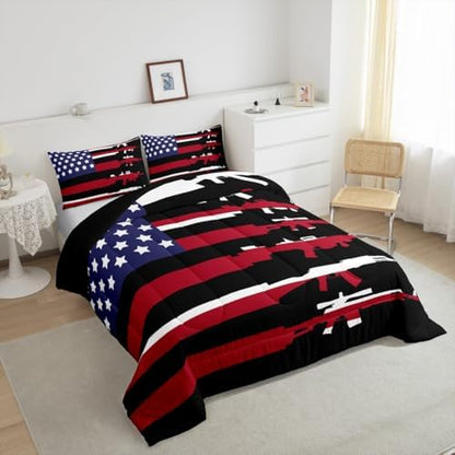 Erosebridal American Flag Comforter Set King,Army Military Bedding Set for Teens Man,Red Blue Stars Stripe USA Flag Bedding Comforter Soldier Quilt Duvet Set 2 Pillow Cases Bedroom Decor