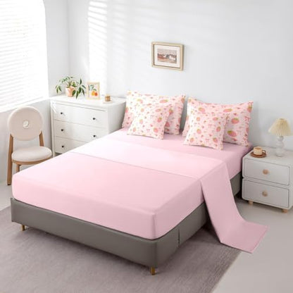 Erosebridal Strawberry Bed in a Bag Queen Comforter Set 7 Piece,Pink Bow Tie Bedding Set,Princess Silk Ribbon Comforter and Sheet Set Cute Bowknot Bed Set,Boho Floral Flowers Pink Kawaii Room Decor