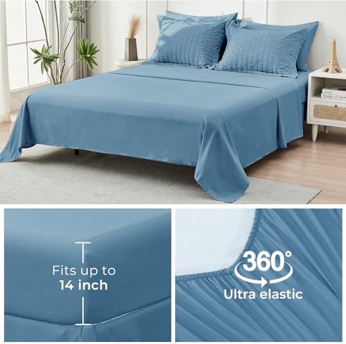 HYMOKEGE Mineral Blue Oversized King Comforter Set Seersucker 7 Pieces, All Season Luxury Bed in a Bag for Bedroom, Bedding Set with Comforter, Sheets, Pillowcases & Shams