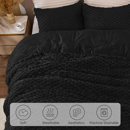 BEDELITE Fluffy OS Queen Comforter Set, Black Fleece Bed Set 3 Pieces