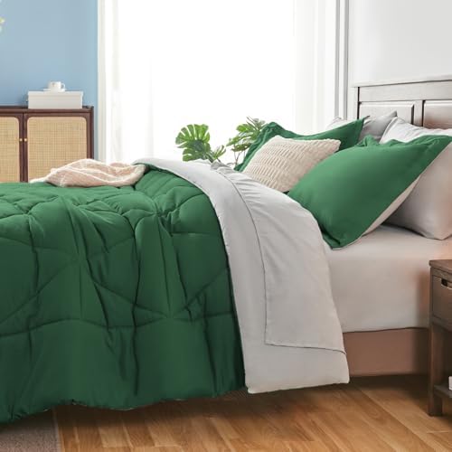 BEDELITE Queen Comforter Set 7 Pieces, Reversible Dark Green Bed in A Bag