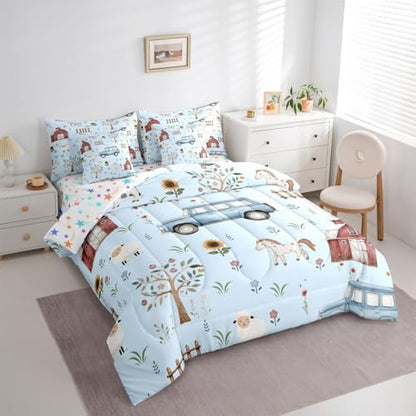 Erosebridal Farm Animal 7 Piece Comforter Set Twin Cartoon Tractor Kids Bed in A Bag for Boys Girls Rustic Barn Door Bedding Farmhouse Horse Sheep Cow Cartoon Animals Sunflower Floral Sheet Set,Blue
