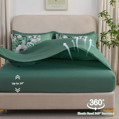 Luxudecor Floral Comforter Set King Size 7 Piece, Green Flower Bed in a Bag, Elegant Floral Comforter Bed Set with Sheet Set, Soft Microfiber Bedding Set for All Season (104"x90")