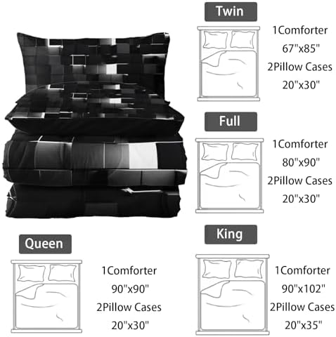 Nttopship Neon White Black Comforter Set King Geometric Kids Bedding Set,3 PCS Geometry Honeycomb Bed Set Modern Quilt Set 1 Comforter 2 Pillow Cases Cool Room Decor All Season B-Side Black