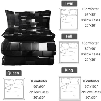 Nttopship Neon White Black Comforter Set King Geometric Kids Bedding Set,3 PCS Geometry Honeycomb Bed Set Modern Quilt Set 1 Comforter 2 Pillow Cases Cool Room Decor All Season B-Side Black