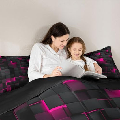 Erosebridal Black Hot Pink Comforter Set Full Neon Geometric Checkered Bedding Set for Girls Teen Women Abstract Stereoscopic Grids Quilt Square Plaid Bed Set 3 Pcs Gamer Room Decor