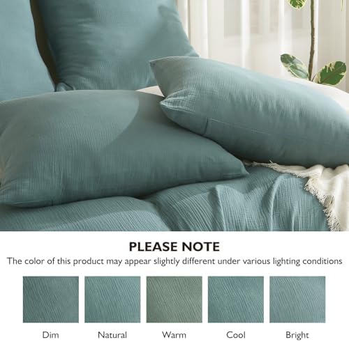 EMME Muslin Cotton Duvet Cover Set Linen Like Teal&White Twin