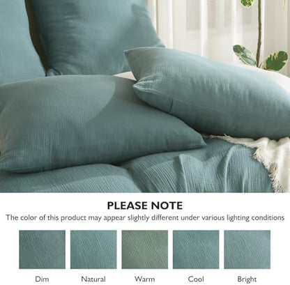 EMME Muslin Cotton Duvet Cover Set Linen Like Teal&White Twin