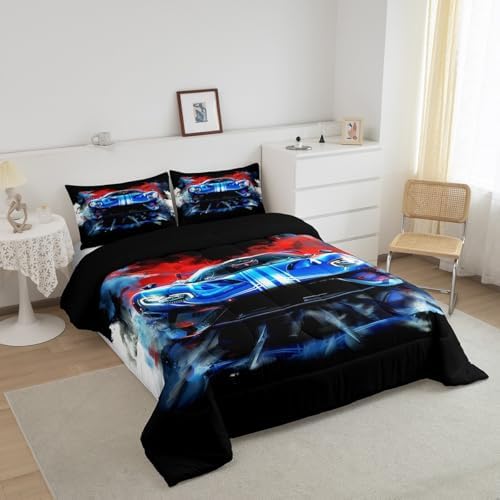 Erosebridal 3 Pieces Race Car Comforter Set Full Size Blue Sports Car Bedding Sets for Boy 3D Racing Cars Comforter with 2 Pillowcases,Cool Race Cars Room Decor for Kids Teens,Comfortable and Soft