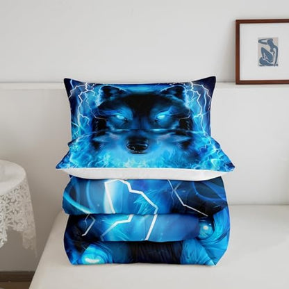 Feelyou Wolf Bedding Set Safari Animal Pattern Comforter Cool Wildlife Style Comforter Set for Boys Girls Kids Room Decor Glitter Blue Wild Wolf Lightweight Duvet Set Queen Size with 2 Pillow Case