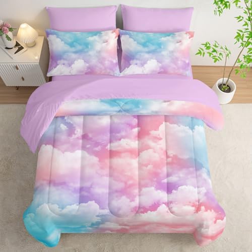 7Pcs Comforter Set Colorful Clouds Printed Bedding Set with 1 Comforter, 1 Flat Sheet, 1 Fitted Sheet and 4 Pillowcases for Boys and Girls Bedroom All Season(Queen)