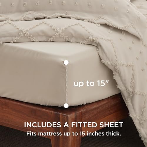 Bedsure Boho Duvet Cover Queen, Vintage Tufted Bedding, 4-Piece, Beige
