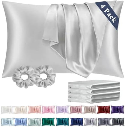 Vielit Queen Satin Pillowcase for Hair 4 Pack, Similar to Silk Pillow Cases, Easier Care Than Silk Pillowcase, Gifts for Women Men - Silver Grey, 20x30 & Envelope Closure and 2 Satin Scrunchies