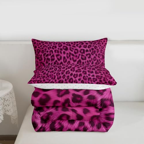 jejeloiu Pink Leopard Comforter Set Queen Size Animal Skin Bedding Set for Kids Boys Girls Animal Print Duvet Quilt Bedroom Decor Microfiber 3 Pcs with 2 Pillow Cases
