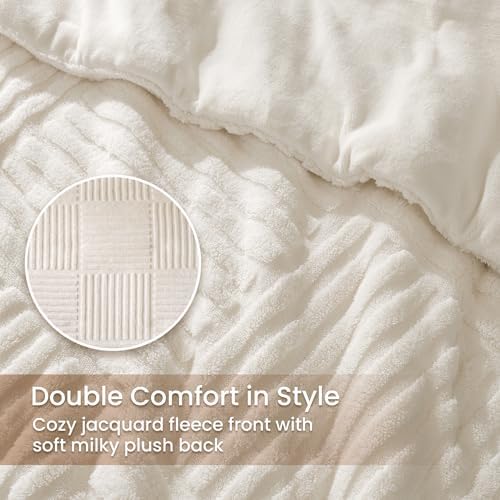 Plush Fleece Comforter Set Queen, Stripe Jacquard Textured，Cream White