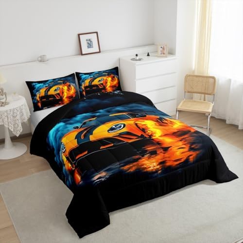 Erosebridal Boys Race Car Full Size Bedding Set Kids Racing Car Comforter Extreme Sports Gaming Comforter Set for Boys Cool Cars Room Decor Car Sports Quilt Set with 2 Pillowcases,Orange and Black