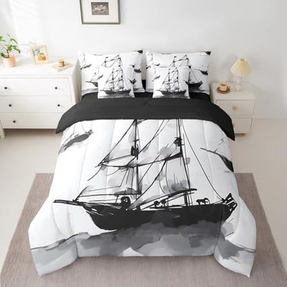 Erosebridal 7Pcs Sailboat Comforter Set Full Size,Retro Ink Wash Painting Bedding Set,Navigation Ship Bed in A Bag,Nautical Ocean Sheet Set with Comforter