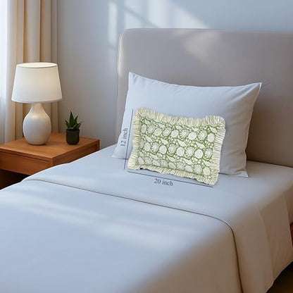 CPC Block Print Olive Bloom Ruffle Cotton Lumbar Pillow Cover 12x20 inch