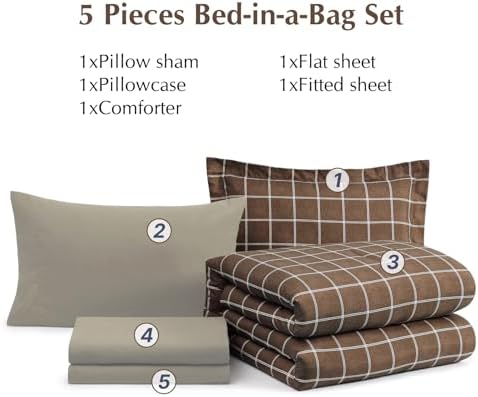 Plaid Twin XL Comforter Set Brown 5 Pieces Bed in a Bag for College Dorm