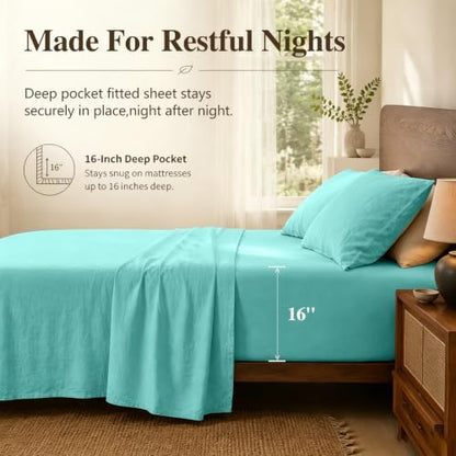 MEISHANG 100% French Linen Sheets Queen,4 Pcs,16" Deep Pocket
