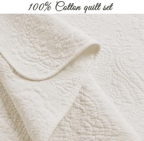 Cozy Line Home Fashions Ivory Cotton Quilt Set – 3-Piece Quilted Damask Medallion Bedspread with Shams, Textured All Season Elegant Bedding, King