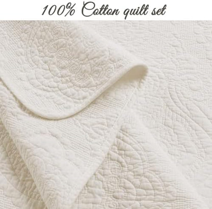 Cozy Line Home Fashions Ivory Cotton Quilt Set – 3-Piece Quilted Damask Medallion Bedspread with Shams, Textured All Season Elegant Bedding, King
