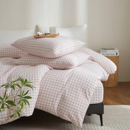Gingham Duvet Cover Set 3 Piece 100% Washed Cotton Linen Feel Modern Plaid Checkered Bedding Comfy Breathable (Greyish Pink/White Gingham, Full)