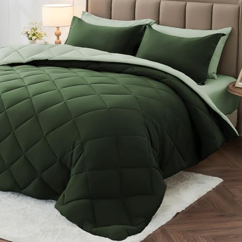 MUXHOMO 7 Pieces Oversized King Comforter Set, Reversible Bed in a Bag Oversized King, All Season Bedding Set with Comforter, Flat Sheet, Fitted Sheet, Pillowcases & Shams, Dark Green & Light Green