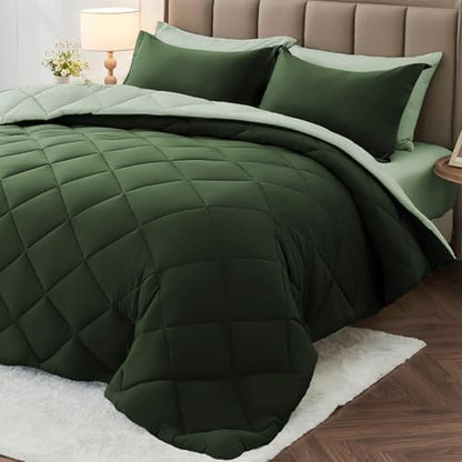 MUXHOMO 7 Pieces Oversized King Comforter Set, Reversible Bed in a Bag Oversized King, All Season Bedding Set with Comforter, Flat Sheet, Fitted Sheet, Pillowcases & Shams, Dark Green & Light Green