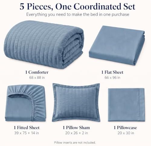 CozyLux Twin Comforter Set, 5 Pieces Grayish Blue Seersucker Bed in a Bag