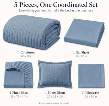 CozyLux Twin Comforter Set, 5 Pieces Grayish Blue Seersucker Bed in a Bag