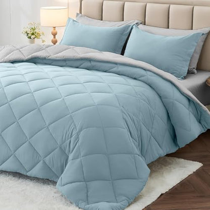MUXHOMO 7 Pieces California King Comforter Set, Reversible Bed in a Bag Cal King Size, All Season Bedding Set with Comforter, Flat Sheet, Fitted Sheet, Pillowcases & Shams, Greyish Blue & Light Grey
