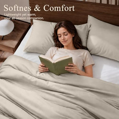 Queen Duvet Cover Set 3 Pieces, 100% Organic Viscose derived from Bamboo, Luxuriously Soft & Cooling, 1 Duvet Cover and 2 Pillowcases, 90" x 90"(Queen, Deep Beige)