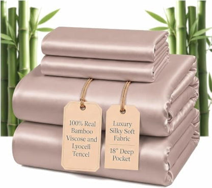 100% Real Bamboo Viscose & Lyocell Tencel Sheets Set King Size | Breathable & Cooling for Hot Sleeper | Luxury Silky Soft Fabric | 18" Deep Pocket with Corner Straps (Sand, King)