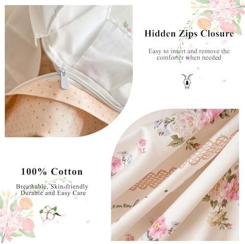 VM VOUGEMARKET Ruffle Duvet Cover Queen with Elegant Pink Flower Printed Romantic Lace Comforter Cover with Zipper Ties Cotton Princess Bedding Set for Teen Girls