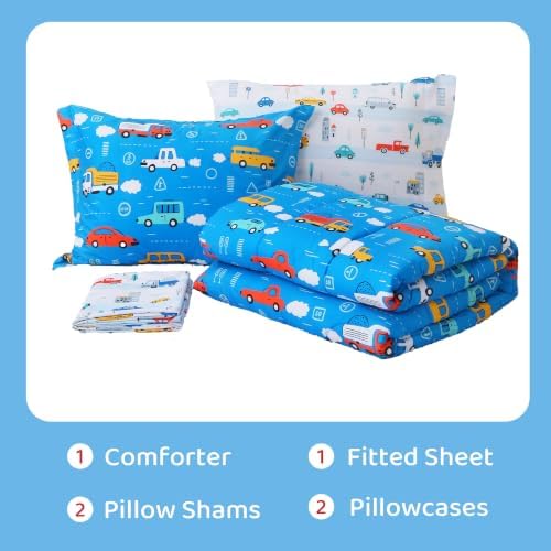 Viviland Kids Full Bedding Sets, Boys Comforter, Deep Blue Traffic Cars