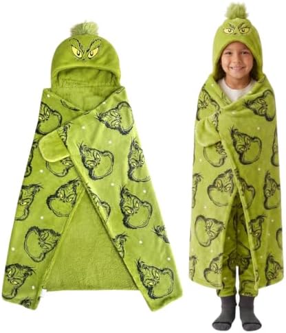 Grinch by Dr. Seuss Hooded Throw - Kids Christmas Bedding Super Soft Throw Blanket - 40 in x 50 in, (Officially Licensed Product) by Franco