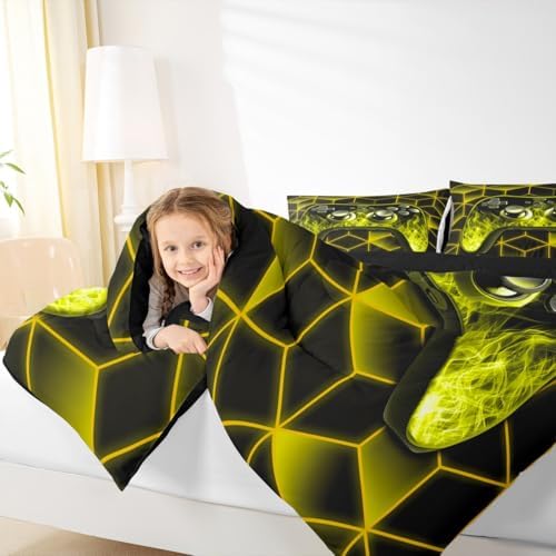 Yellow Kids Bedding Sets for Gamer Boys, Neon Geometric Twin Comforter Set, 3D Geometric Kids Twin Bedding Set with Flame Game Consoles Gamer Decor