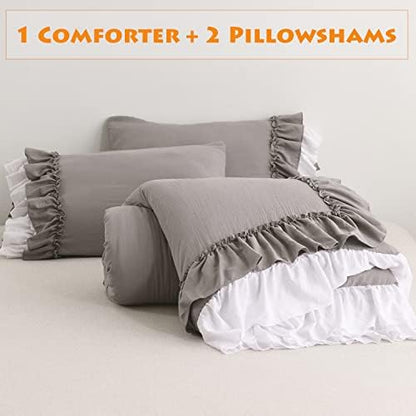 Masaca Ruffle Queen Comforter Set,Grey White Ruffled Comforter Sets for Queen Bed Shabby Boho Chic Farmhouse Bedding Set(1 Ruffle Comforter and 2 Pillowcases)