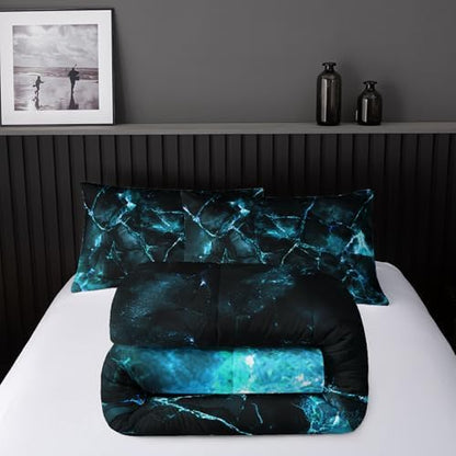 Nttopship Blue Comforter Set Queen Size，Blue Marble Bedding Set 3 Pcs Bedding for Adults, Marble Room Decor with Comforter and 2 Pillowcases Soft and Lightweight B-Side Black