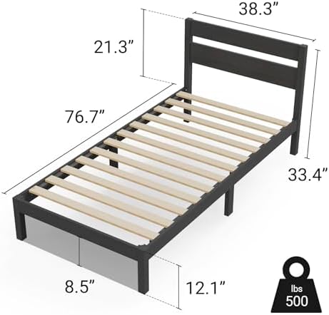 LIFEMENT Twin Bed Frame with Headboard Classic Wood Platform, Noise Free, Under Bed Storage, No Box Spring Needed, Easy Assembly, Black