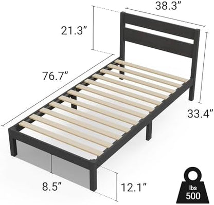 LIFEMENT Twin Bed Frame with Headboard Classic Wood Platform, Noise Free, Under Bed Storage, No Box Spring Needed, Easy Assembly, Black