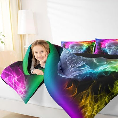 Erosebridal Skull Comforter Set, Skeleton Bones Bedding Set Twin Size Halloween Horror Gold Flame Duvet Sets for Kids Teens Adult Bedroom Decor, Gothic Spooky Bedding Comforters, Warmth Soft