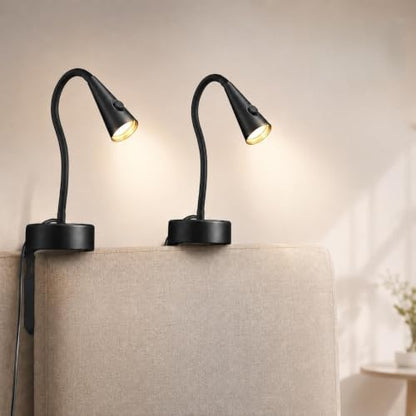 Headboard Reading Light, Black Bedside Lamp, No-Drill Book Light for Bedtime Reading, Dimmable LED, Flexible Gooseneck, 360°Adjustable, Plug-in Reading Lamp Movable-2 Pack